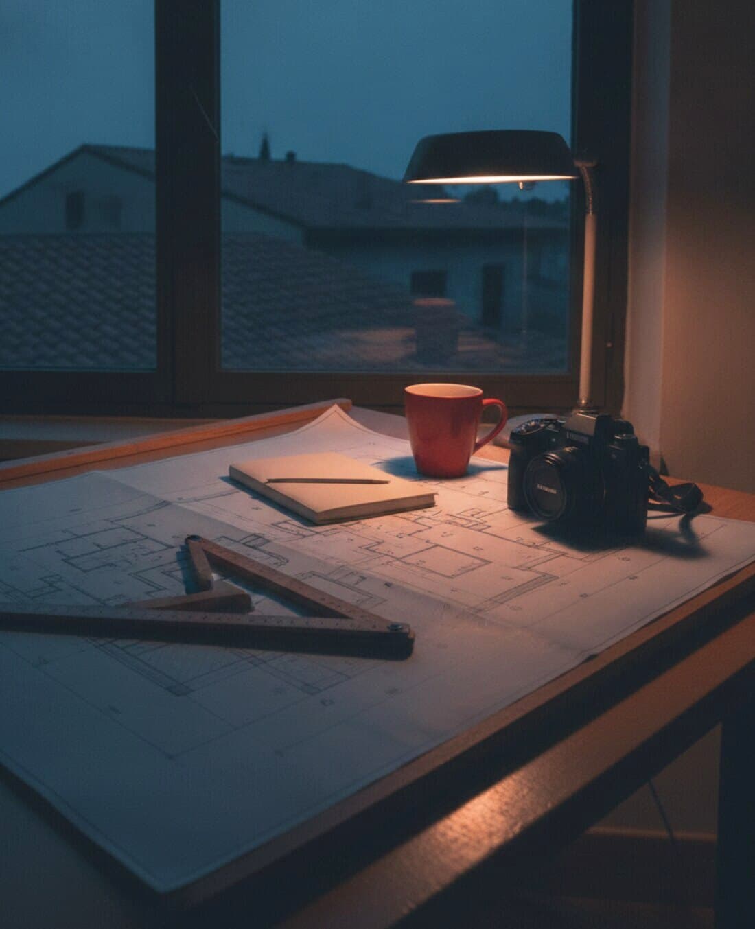 Arbeitstisch am Fenster mit ausgebreiteten Grundrissplänen, Zollstock und Kamera