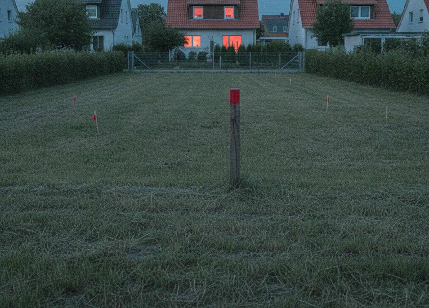 Leeres Baugrundstück mit Vermessungspflock und Hecke, dahinter Wohnhäuser in der Dämmerung