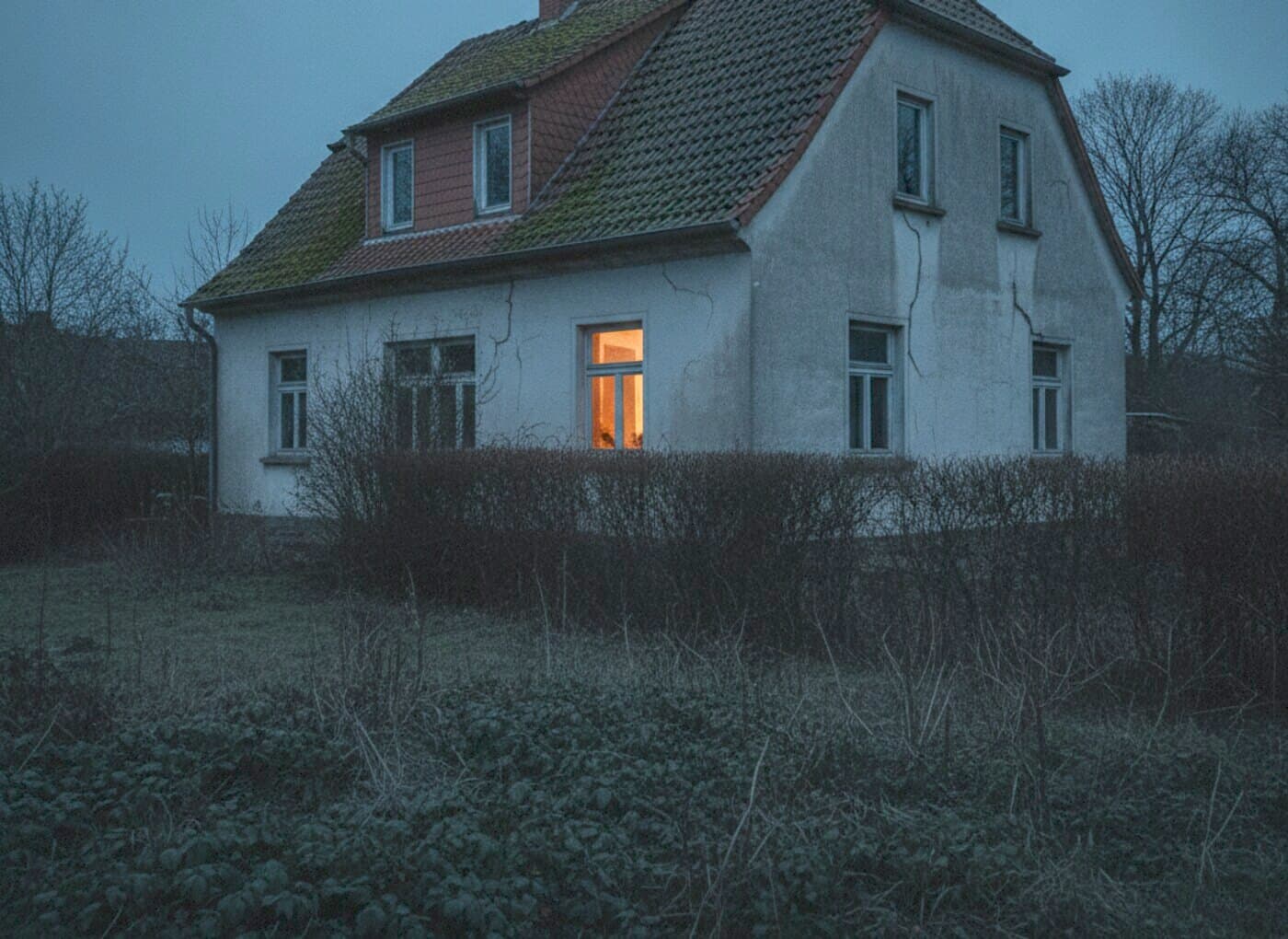 Älteres, sanierungsbedürftiges Wohnhaus mit verwittertem Putz und überwachsener Hecke