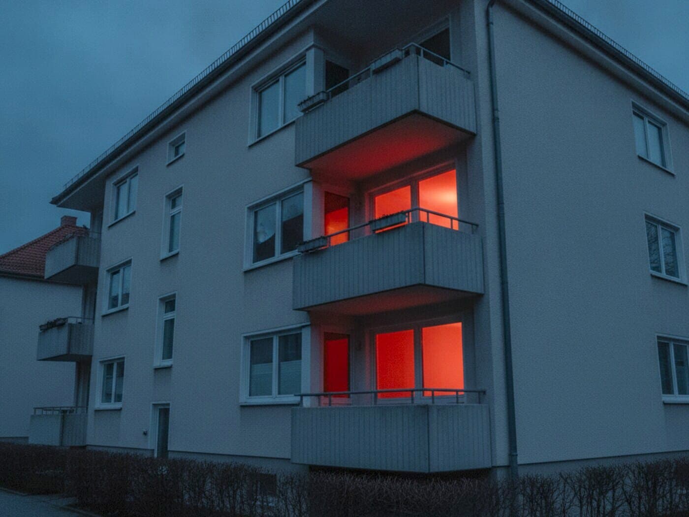 Balkonreihe eines Wohnhauses von unten gesehen, zwei Wohnungen warm beleuchtet