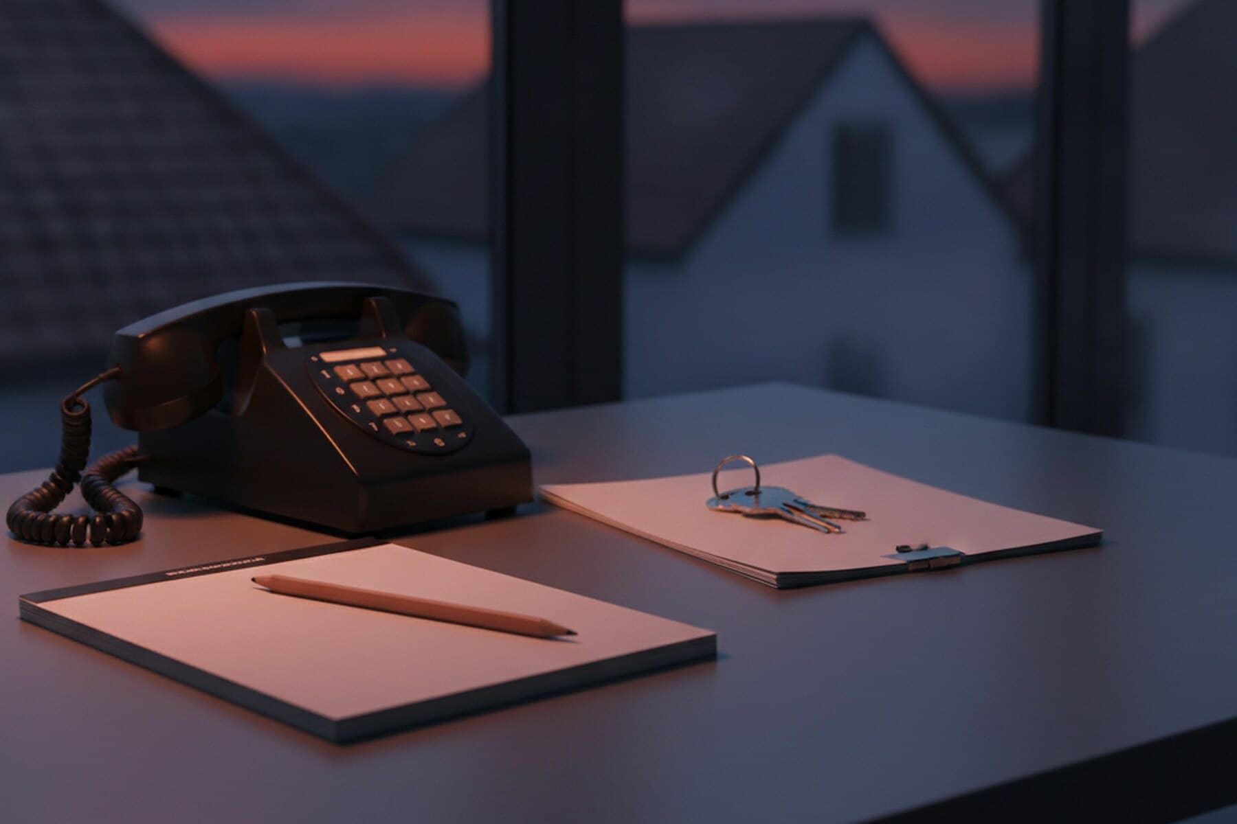 Schreibtisch am Fenster in der Abenddämmerung: Telefon, Notizblock, Stift und ein Schlüsselbund