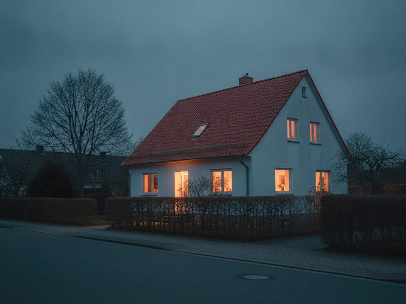 Freistehendes Einfamilienhaus mit Satteldach und Hecke in der Abenddämmerung