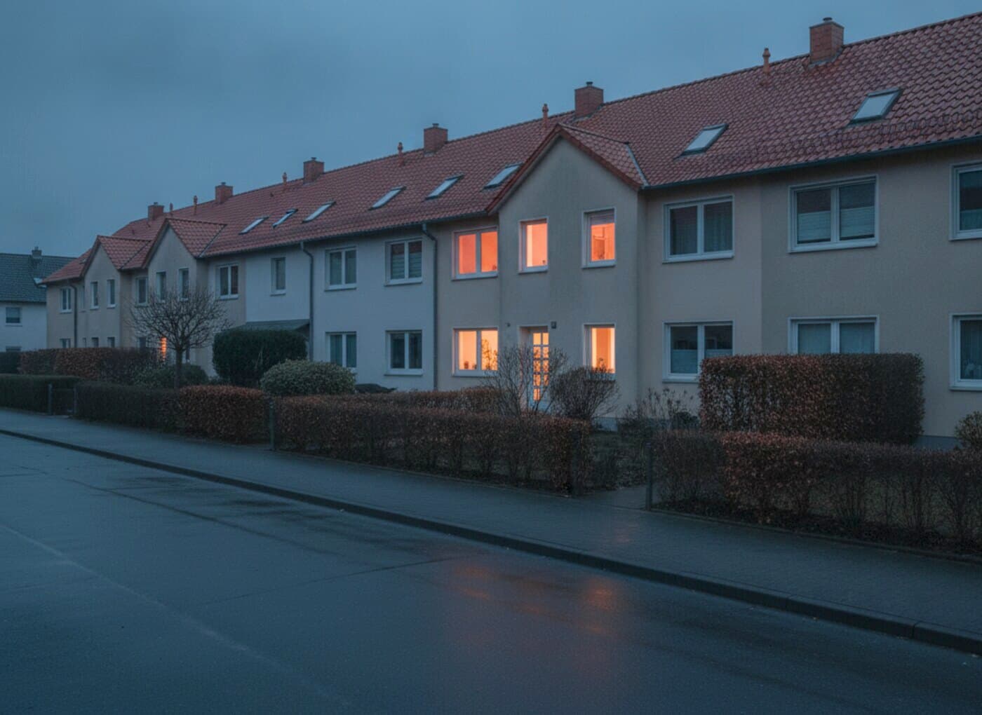 Reihe schmaler Wohnhäuser mit Vorgärten und niedrigen Hecken in der Abenddämmerung